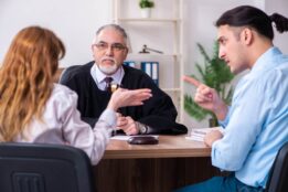 couple arguing in front of a judge